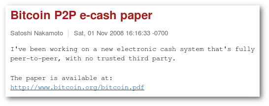 Satoshi Nakamoto Bitcoin Posting Whitepaper